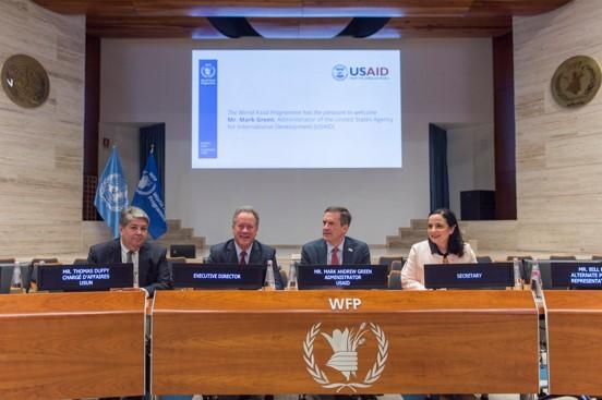 Mr Mark Green, Administrator of USAID, the Executive Director, Mr Thomas Duffy, Chargé d’affaires, USUN, poses for photo in WFP Auditorium with Ms Harriet Spanos, Secretary to the Executive Board . Photo Credit: WFP/Rein Skullerud