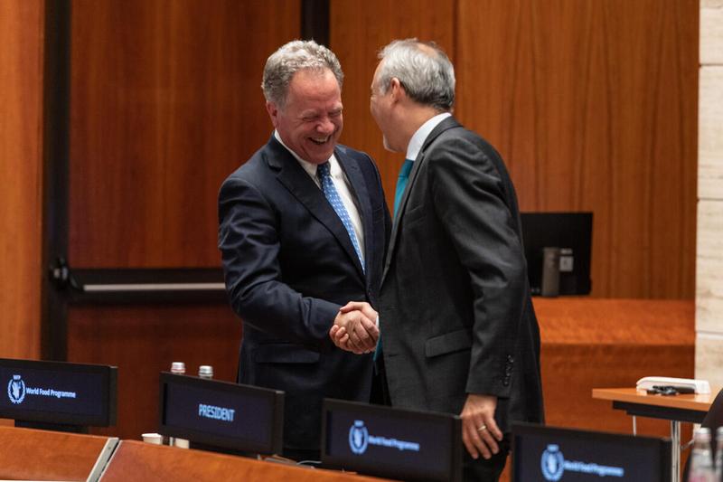 WFP HQ Rome, Italy, 23 June 2021 - In the Photo: Mr. David Beasley, Executive Director WFP shakes hands with H.E. Ambassador Mr. Luis Fernando Carranza Cifuentes of Guatemala, President of the WFP EB 2021 after the closing of the EB.A/2021 - Photo: WFP/Rein Skullerud
