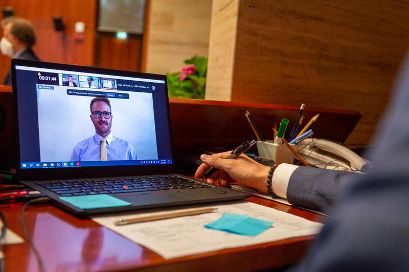 WFP HQ Rome, Italy, 24 June 2021 - In the Photo: Mr. Simone Romano, WFP Conference Staff, at work during the intervention by Mr. Christopher Ashcraft, United States of America - (connected remotely). - Photo: WFP/Giulio D'Adamo