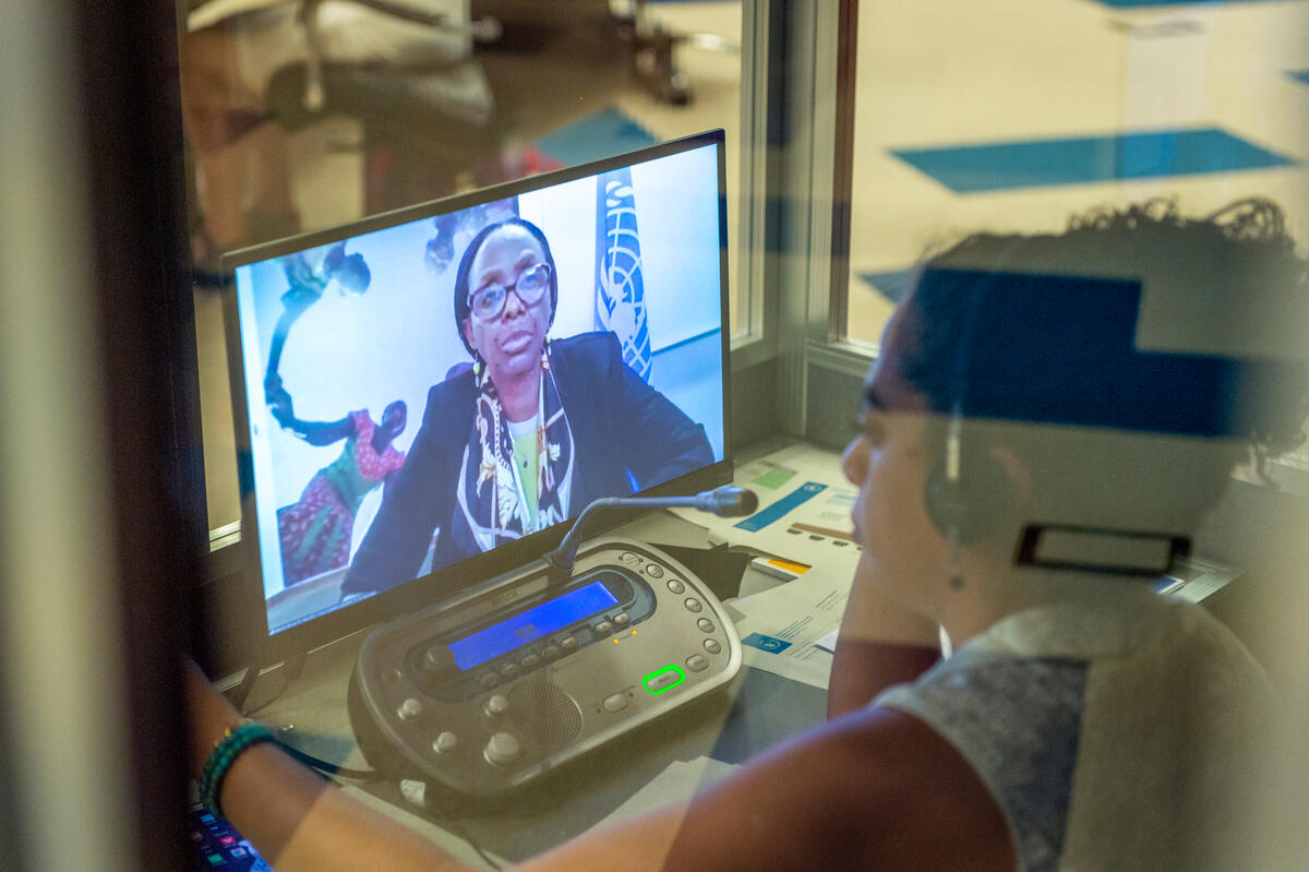 Interpreter at work during the intervention by Dr. Agnes Kalibata, United Nations Secretary-General’s Special Envoy for the 2021 Food Systems Summit - (connected remotely). Photo: WFP/Giulio d'Adamo